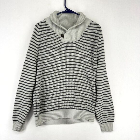 Nautica Gray Striped Cowl‎ Neck Sweater 100% Cotton Mens Size L - Picture 1 of 9